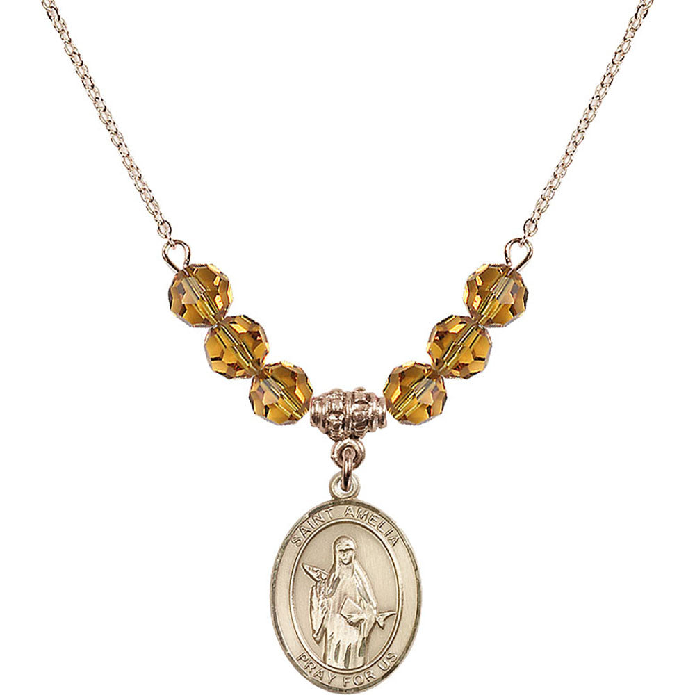 14kt Gold Filled Saint Amelia Birthstone Necklace with Topaz Beads - 8313