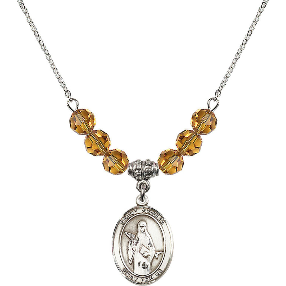 Sterling Silver Saint Amelia Birthstone Necklace with Topaz Beads - 8313