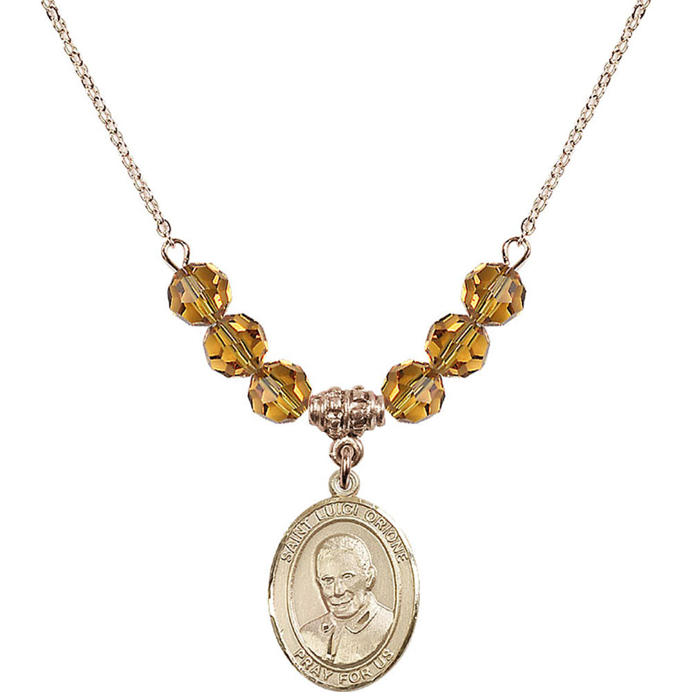 14kt Gold Filled Saint Luigi Orione Birthstone Necklace with Topaz Beads - 8326