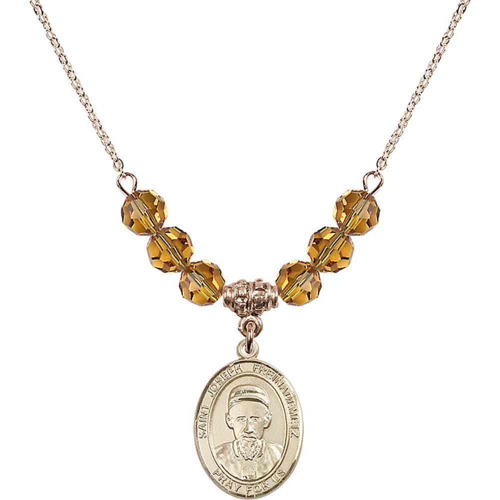 14kt Gold Filled Saint Joseph Freinademetz Birthstone Necklace with Topaz Beads - 8329