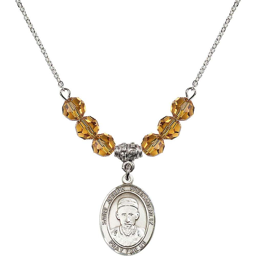 Sterling Silver Saint Joseph Freinademetz Birthstone Necklace with Topaz Beads - 8329