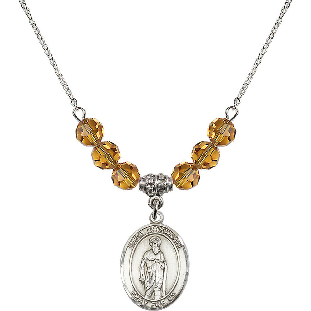 Sterling Silver Saint Nathanael Birthstone Necklace with Topaz Beads - 8398