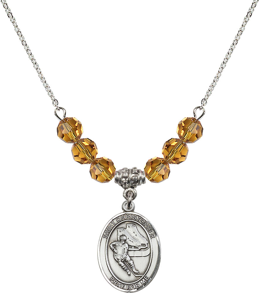 Sterling Silver Saint Christopher/Hockey Birthstone Necklace with Topaz Beads - 8504