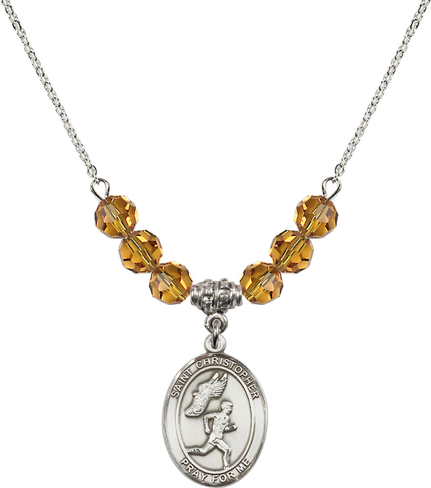 Sterling Silver Saint Christopher/Track&Field-Men Birthstone Necklace with Topaz Beads - 8509