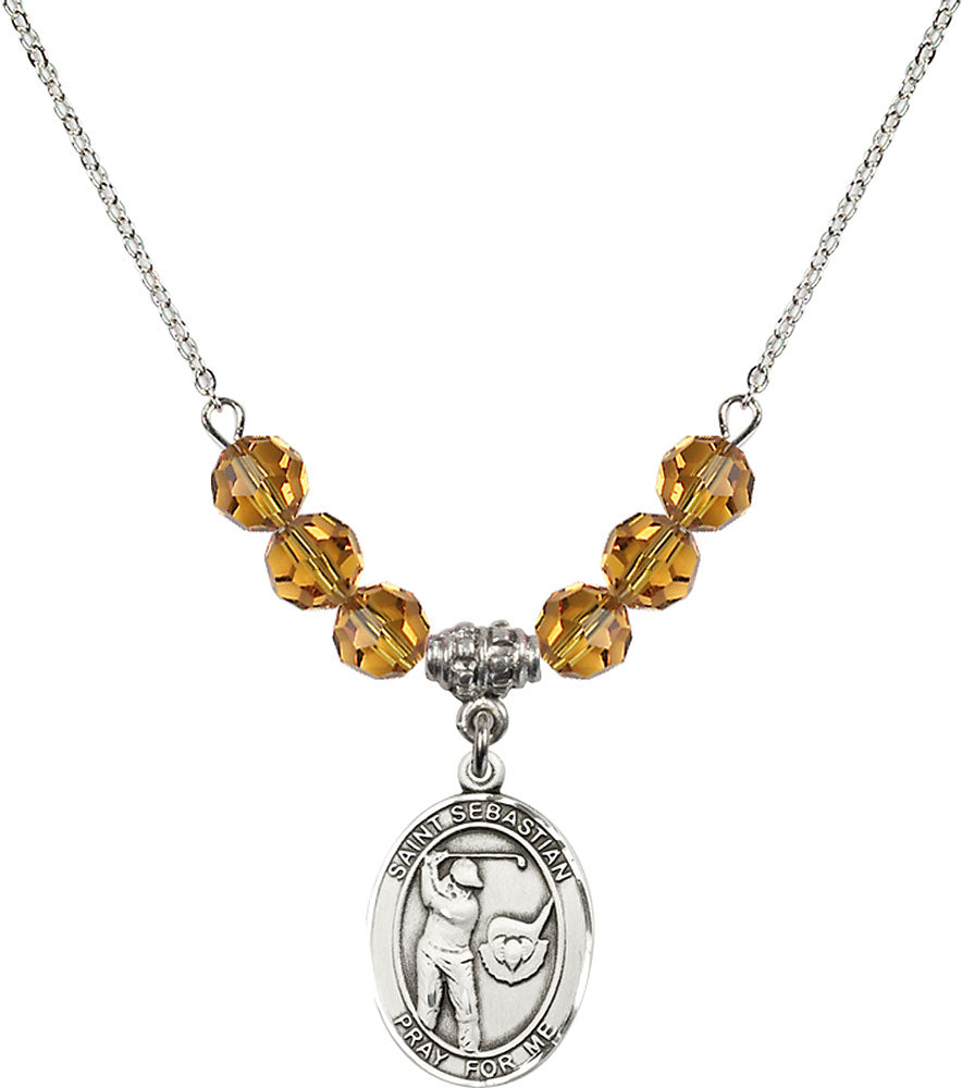 Sterling Silver Saint Sebastian / Golf Birthstone Necklace with Topaz Beads - 8606