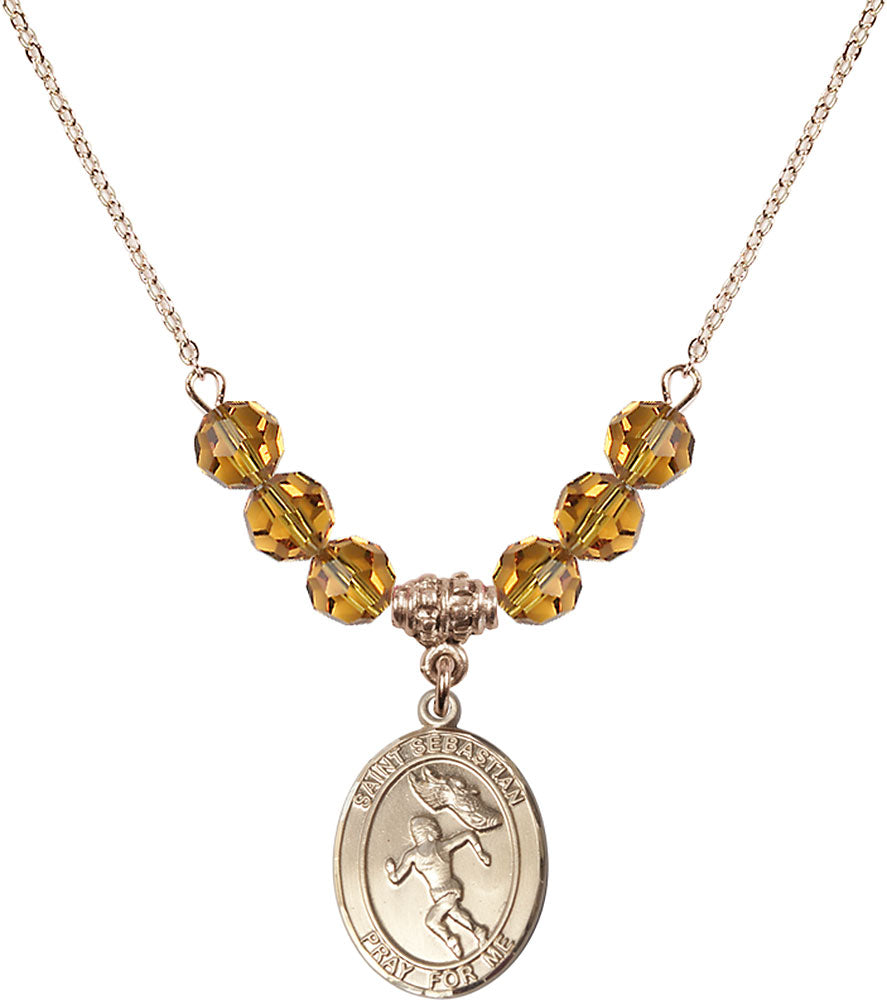 14kt Gold Filled Saint Sebastian /Track&Field-Women Birthstone Necklace with Topaz Beads - 8610