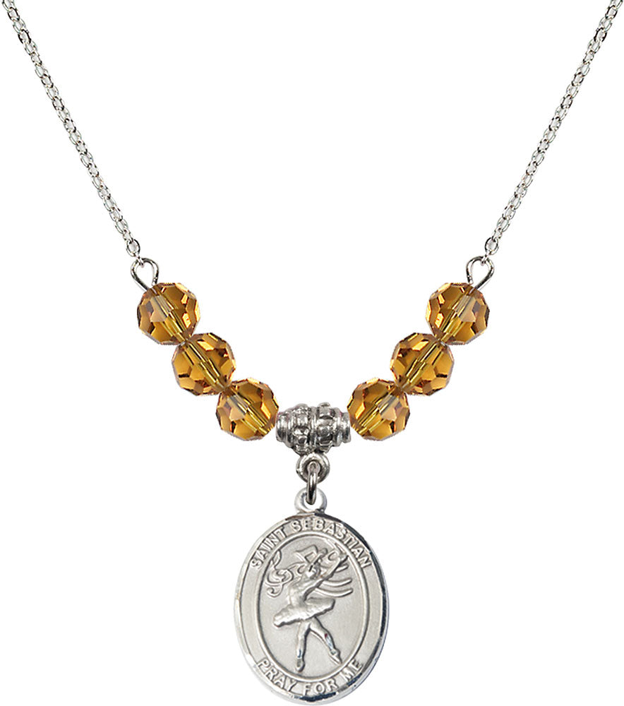 Sterling Silver Saint Sebastian / Dance Birthstone Necklace with Topaz Beads - 8612