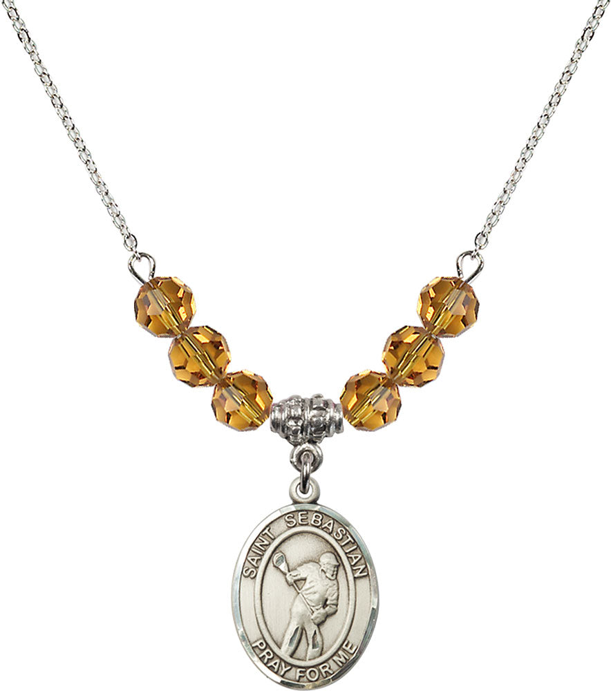 Sterling Silver Saint Sebastian/Lacrosse Birthstone Necklace with Topaz Beads - 8616