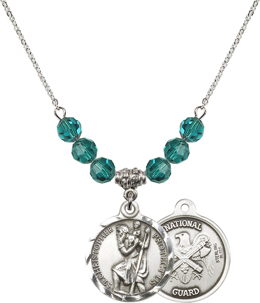 Sterling Silver Saint Christopher / Nat'l Guard Birthstone Necklace with Zircon Beads - 0192