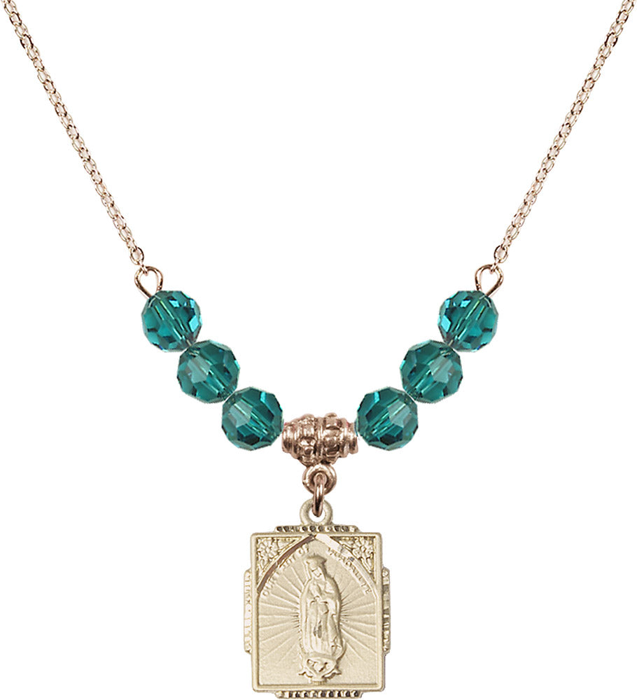 14kt Gold Filled Our Lady of Guadalupe Birthstone Necklace with Zircon Beads - 0804