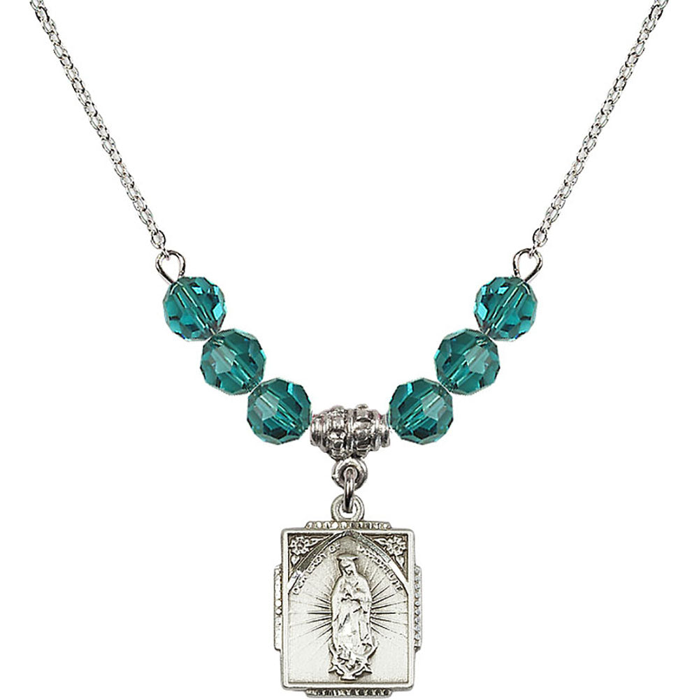 Sterling Silver Our Lady of Guadalupe Birthstone Necklace with Zircon Beads - 0804