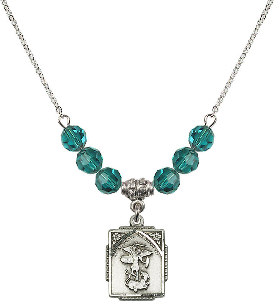 Sterling Silver Saint Michael the Archangel Birthstone Necklace with Zircon Beads - 0804