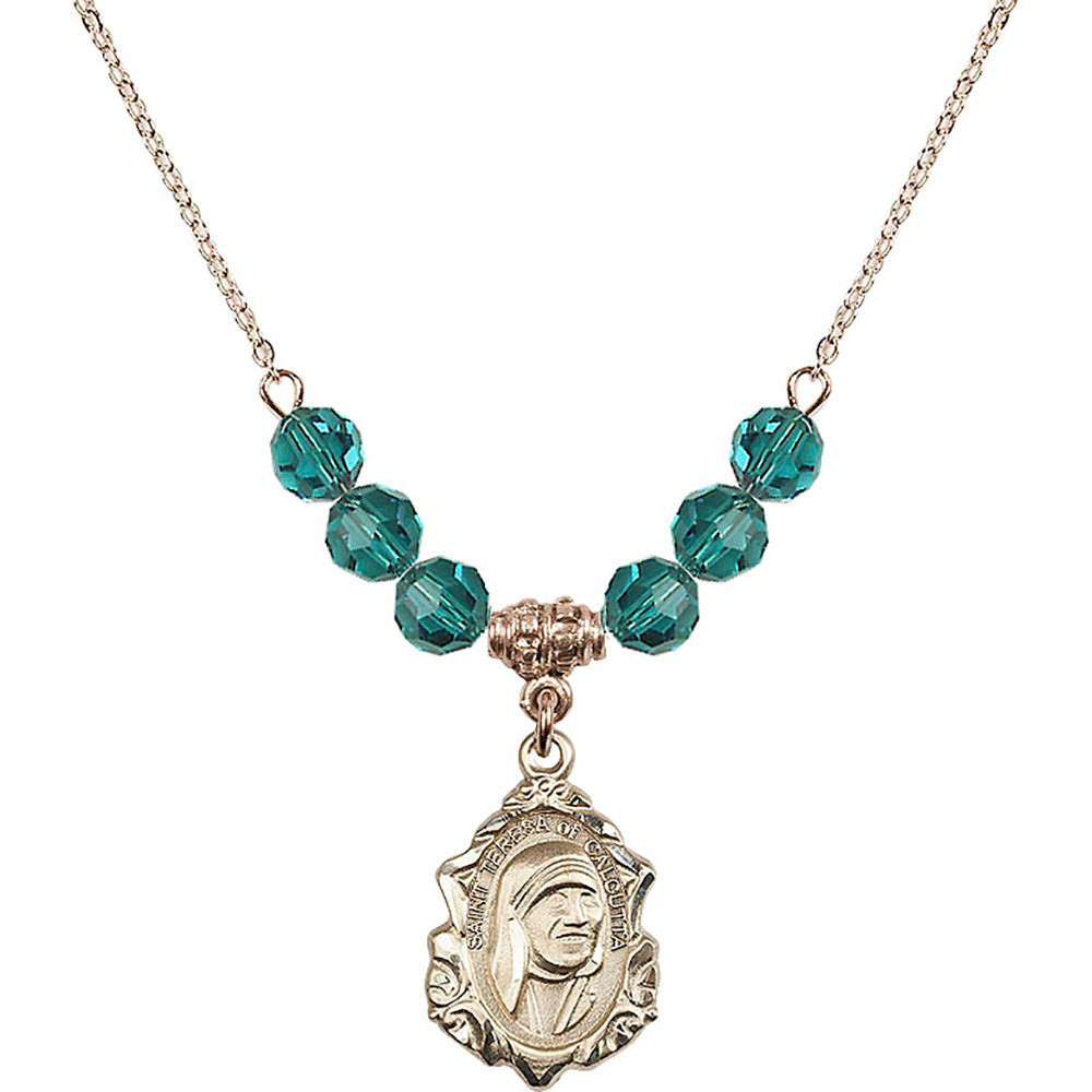 14kt Gold Filled Saint Teresa of Calcutta Birthstone Necklace with Zircon Beads - 0812