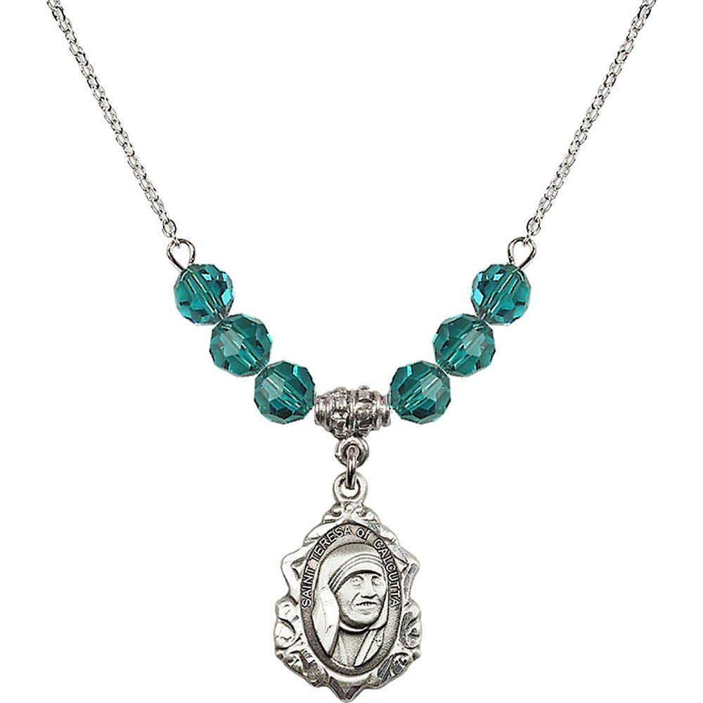 Sterling Silver Saint Teresa of Calcutta Birthstone Necklace with Zircon Beads - 0812