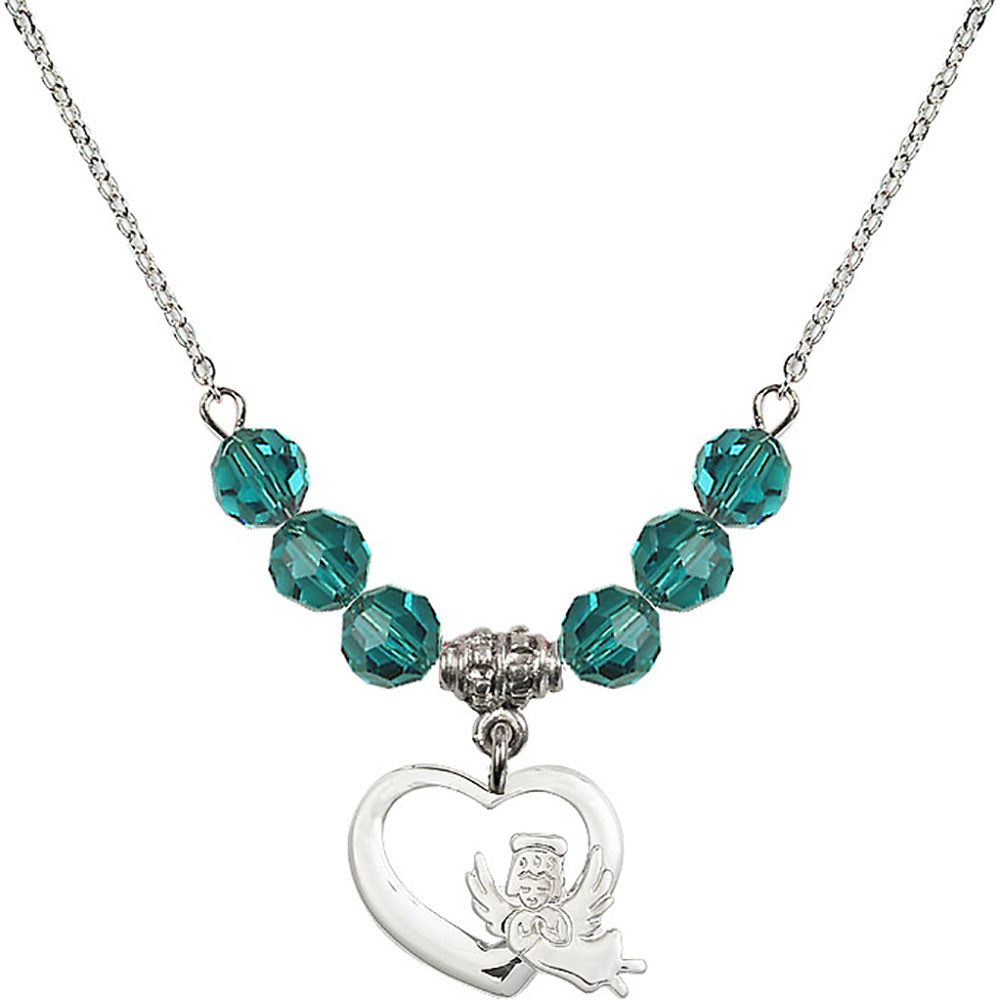 Sterling Silver Heart / Guardian Angel Birthstone Necklace with Zircon Beads - 4206