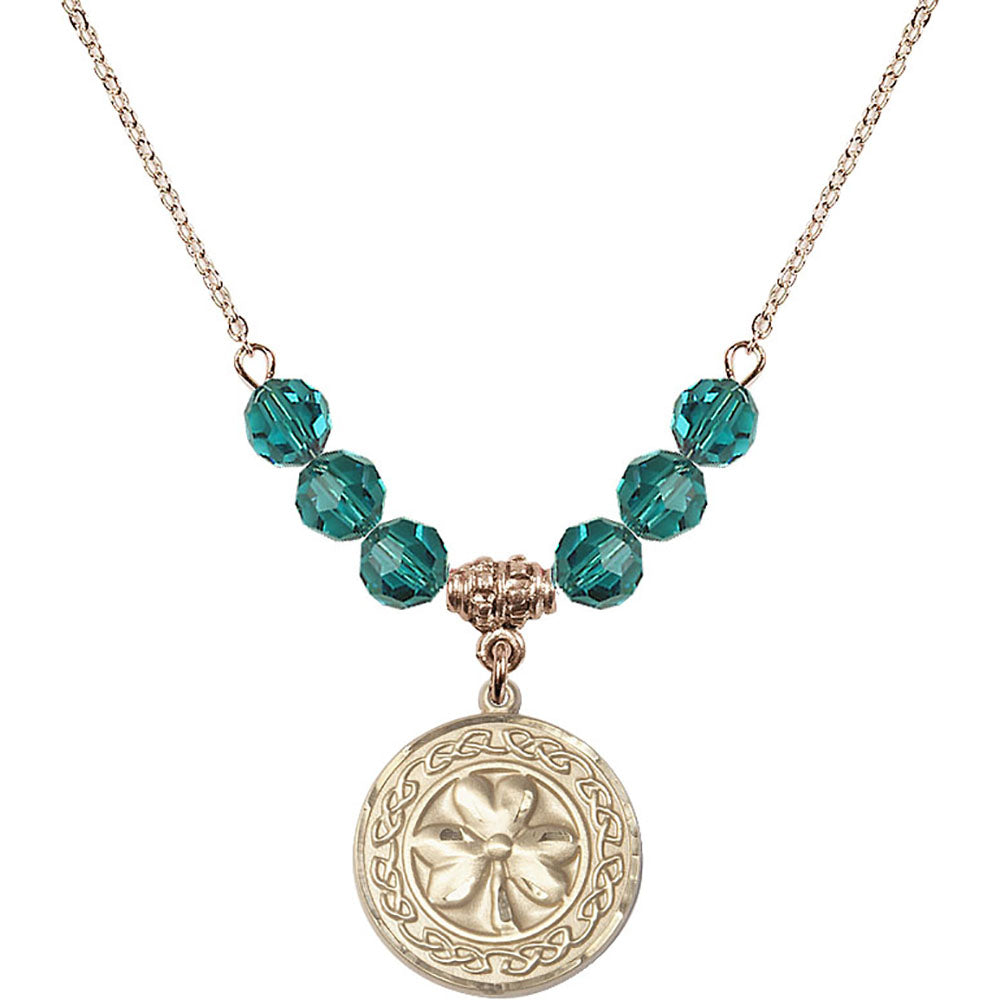 14kt Gold Filled Shamrock w/ Celtic Border Birthstone Necklace with Zircon Beads - 5106