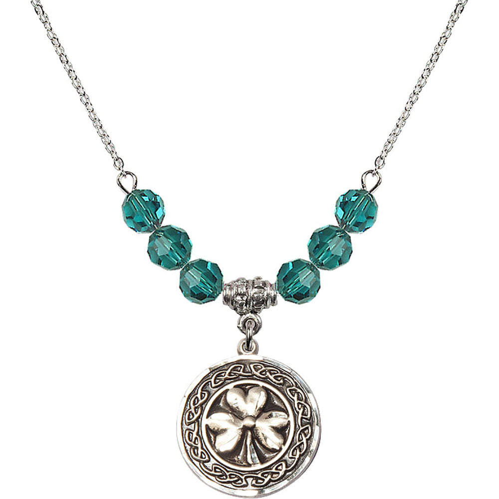 Sterling Silver Shamrock w/ Celtic Border Birthstone Necklace with Zircon Beads - 5106