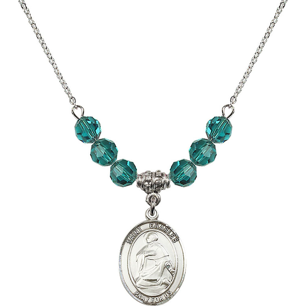 Sterling Silver Saint Charles Borromeo Birthstone Necklace with Zircon Beads - 8020