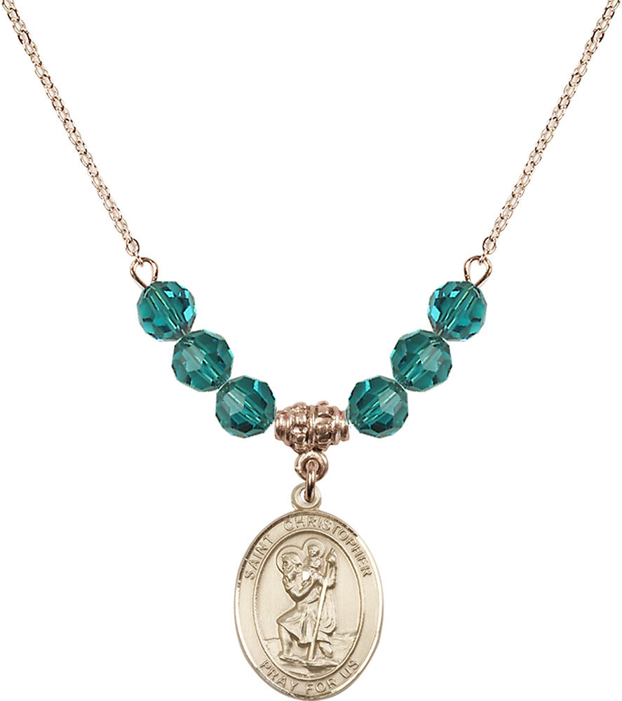 14kt Gold Filled Saint Christopher Birthstone Necklace with Zircon Beads - 8022