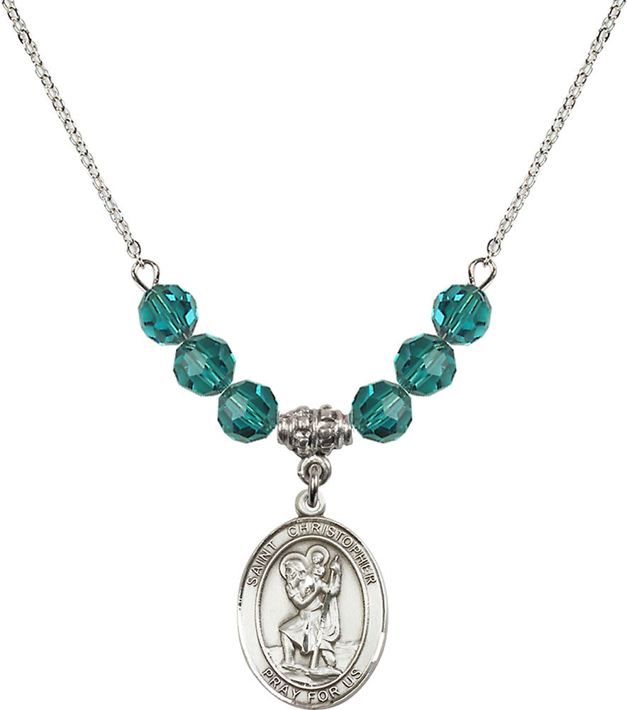 Sterling Silver Saint Christopher Birthstone Necklace with Zircon Beads - 8022