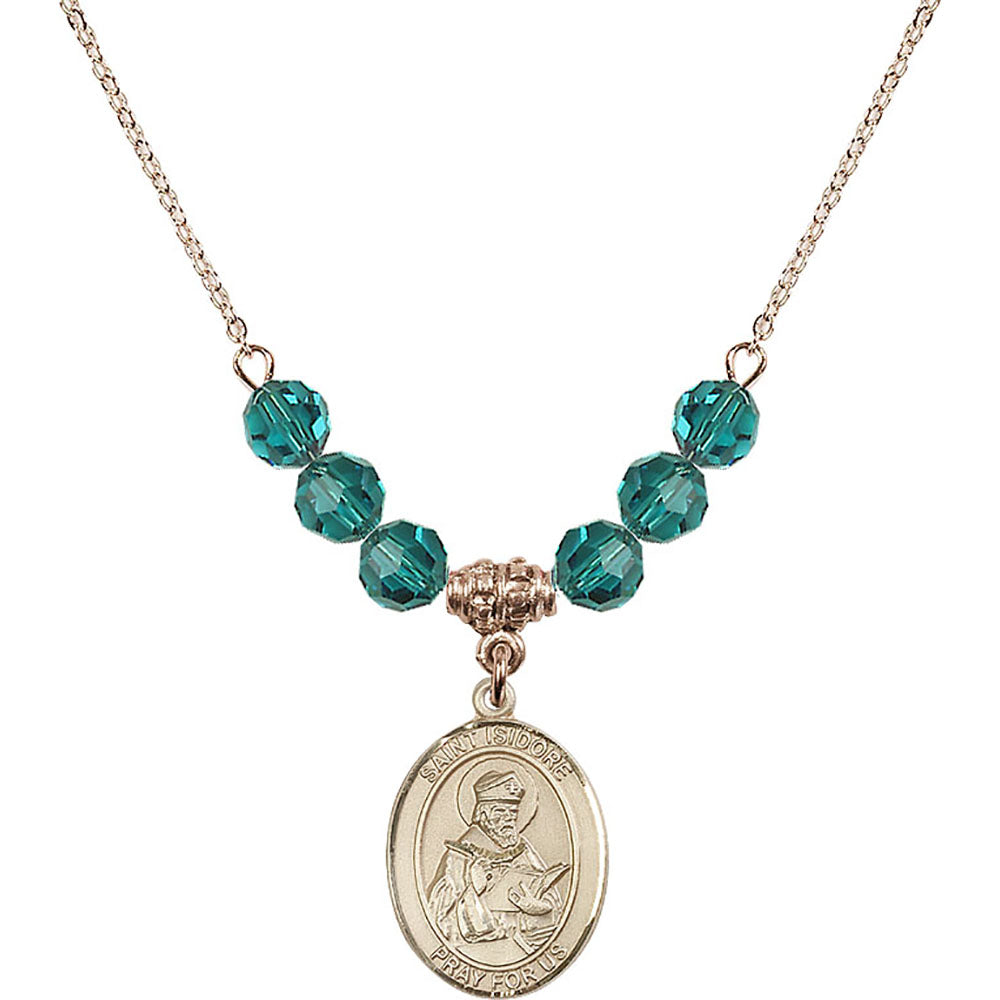 14kt Gold Filled Saint Isidore of Seville Birthstone Necklace with Zircon Beads - 8049