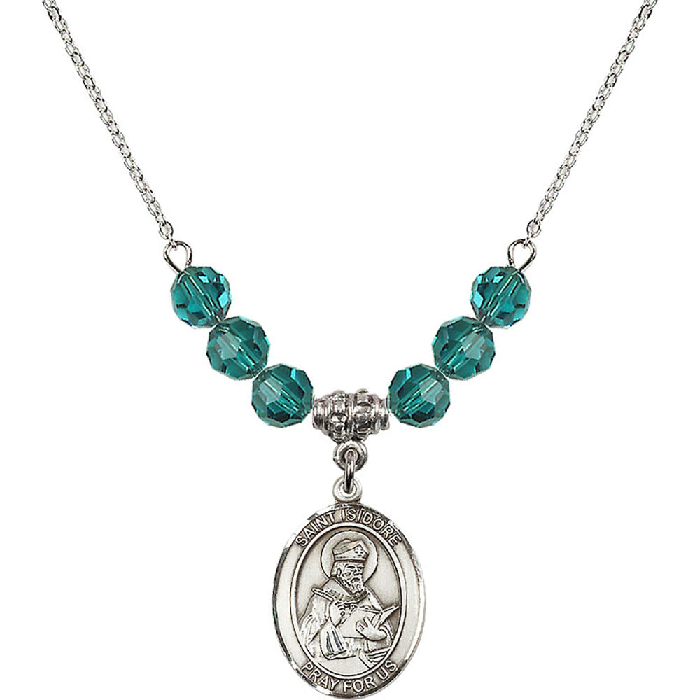 Sterling Silver Saint Isidore of Seville Birthstone Necklace with Zircon Beads - 8049