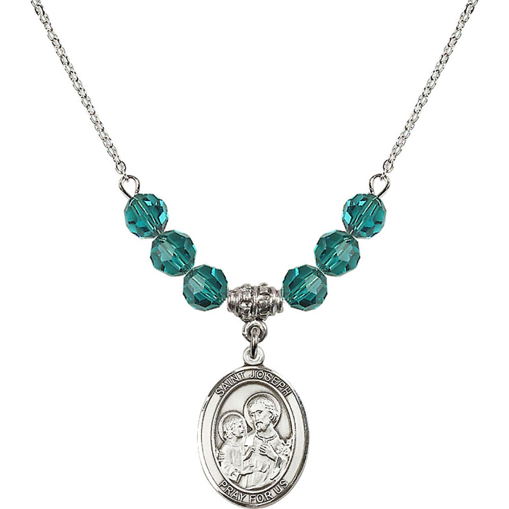 Sterling Silver Saint Joseph Birthstone Necklace with Zircon Beads - 8058