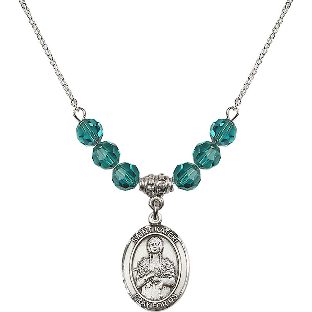 Sterling Silver Saint Kateri Tekakwitha Birthstone Necklace with Zircon Beads - 8061