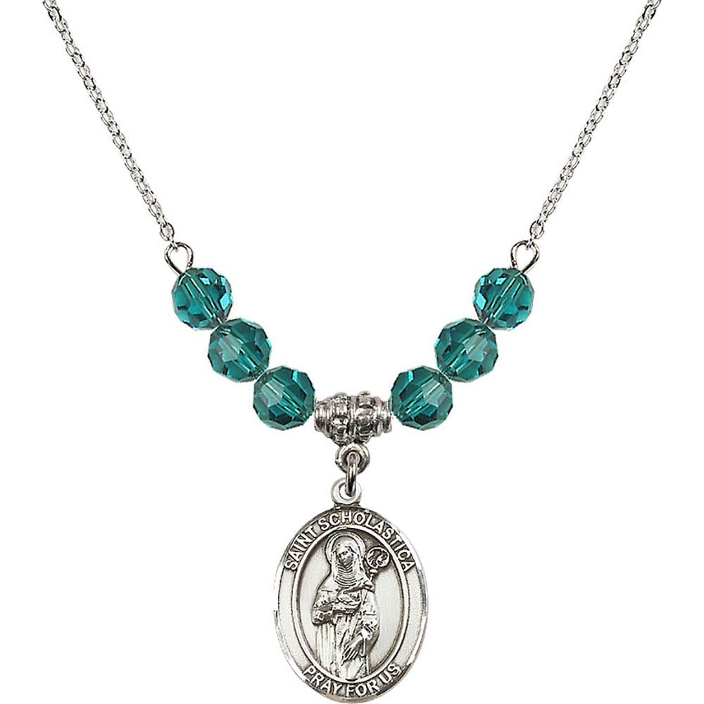 Sterling Silver Saint Scholastica Birthstone Necklace with Zircon Beads - 8099