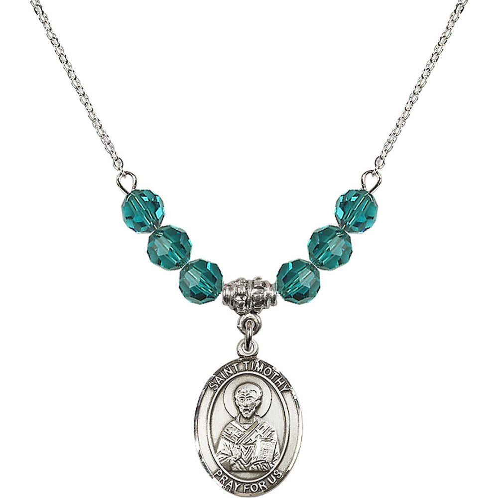 Sterling Silver Saint Timothy Birthstone Necklace with Zircon Beads - 8105