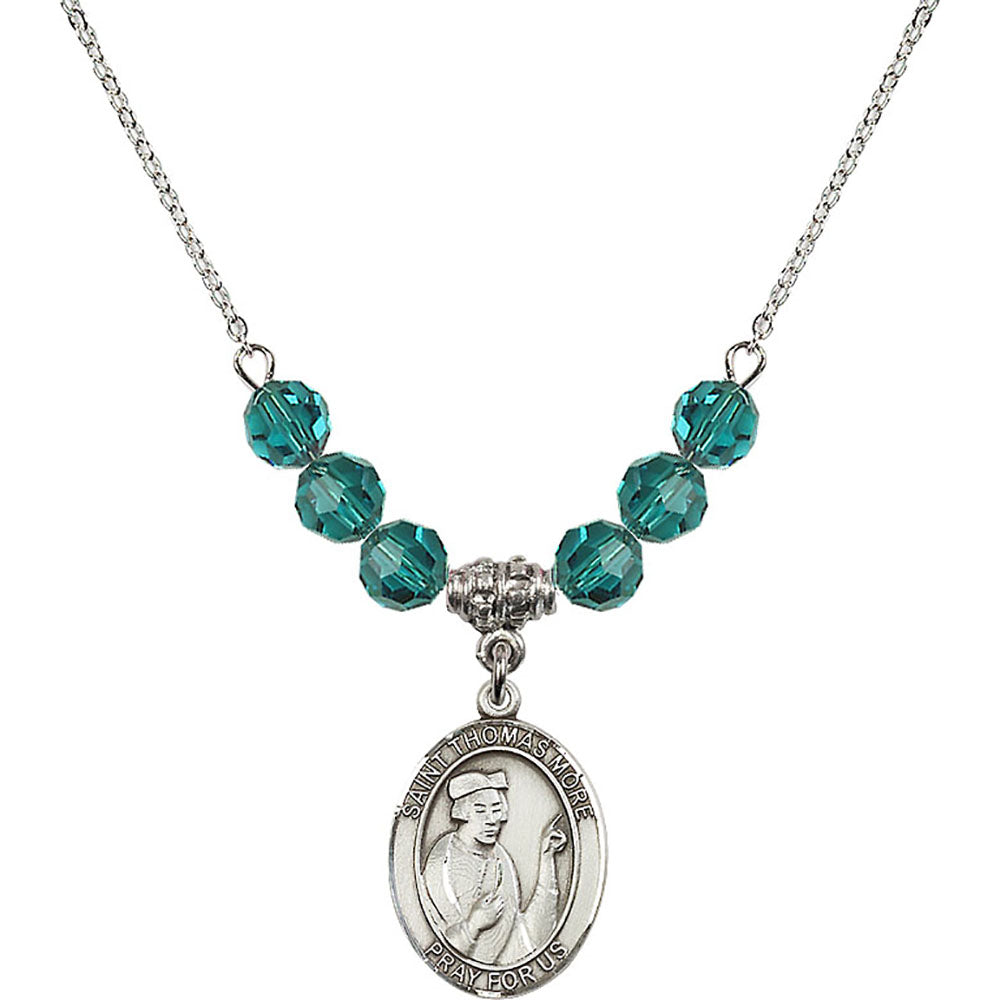 Sterling Silver Saint Thomas More Birthstone Necklace with Zircon Beads - 8109