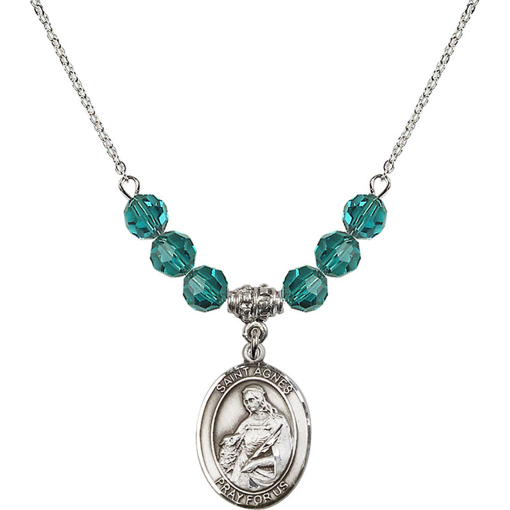 Sterling Silver Saint Agnes of Rome Birthstone Necklace with Zircon Beads - 8128