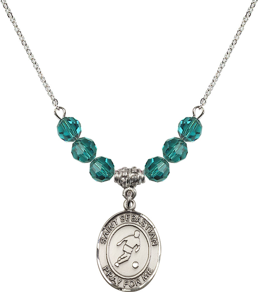 Sterling Silver Saint Sebastian/Soccer Birthstone Necklace with Zircon Beads - 8164