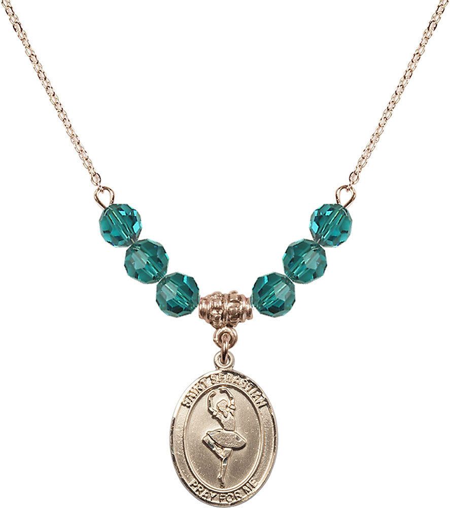 14kt Gold Filled Saint Sebastian/Dance Birthstone Necklace with Zircon Beads - 8173
