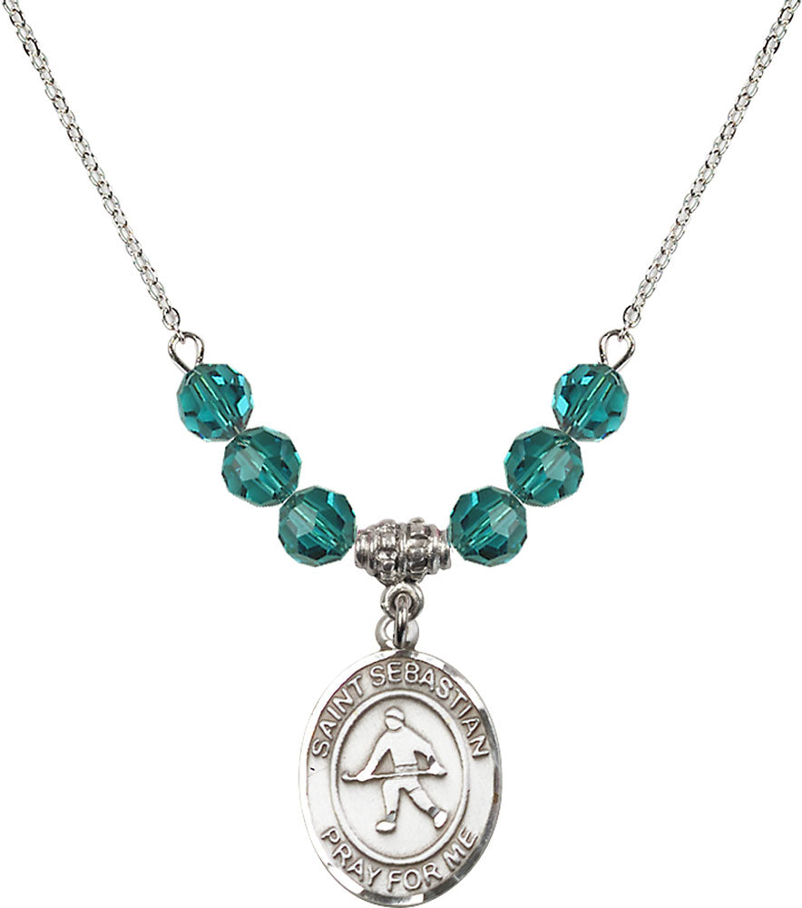 Sterling Silver Saint Sebastian/Field Hockey Birthstone Necklace with Zircon Beads - 8178