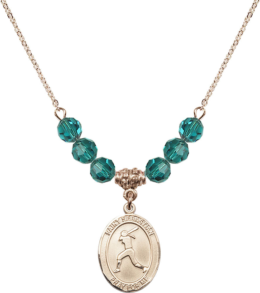 14kt Gold Filled Saint Sebastian / Softball Birthstone Necklace with Zircon Beads - 8183