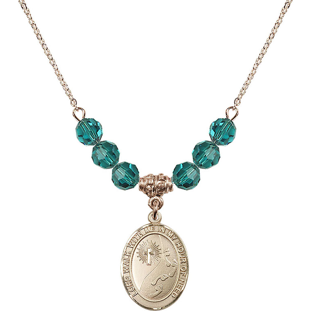 14kt Gold Filled Footprints / Cross Birthstone Necklace with Zircon Beads - 8237