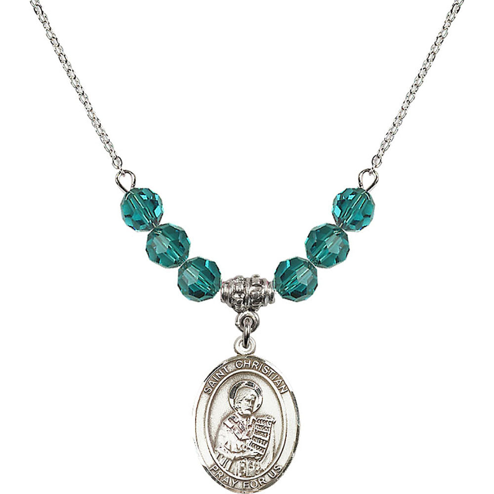 Sterling Silver Saint Christian Demosthenes Birthstone Necklace with Zircon Beads - 8257