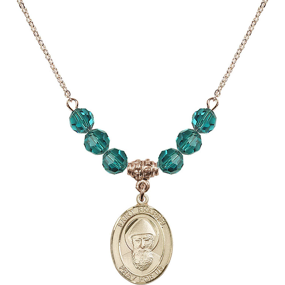 14kt Gold Filled Saint Sharbel Birthstone Necklace with Zircon Beads - 8271