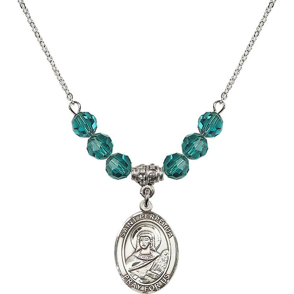 Sterling Silver Saint Perpetua Birthstone Necklace with Zircon Beads - 8272
