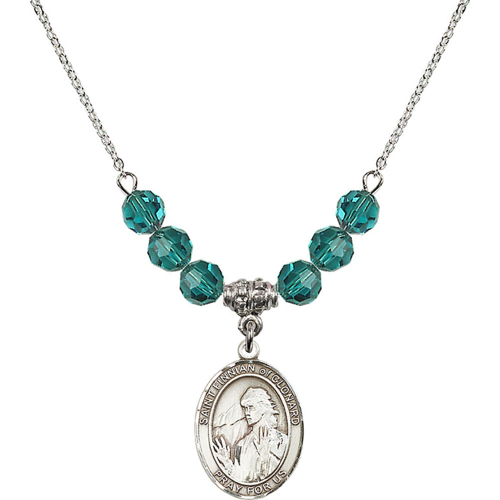 Sterling Silver Saint Finnian of Clonard Birthstone Necklace with Zircon Beads - 8308