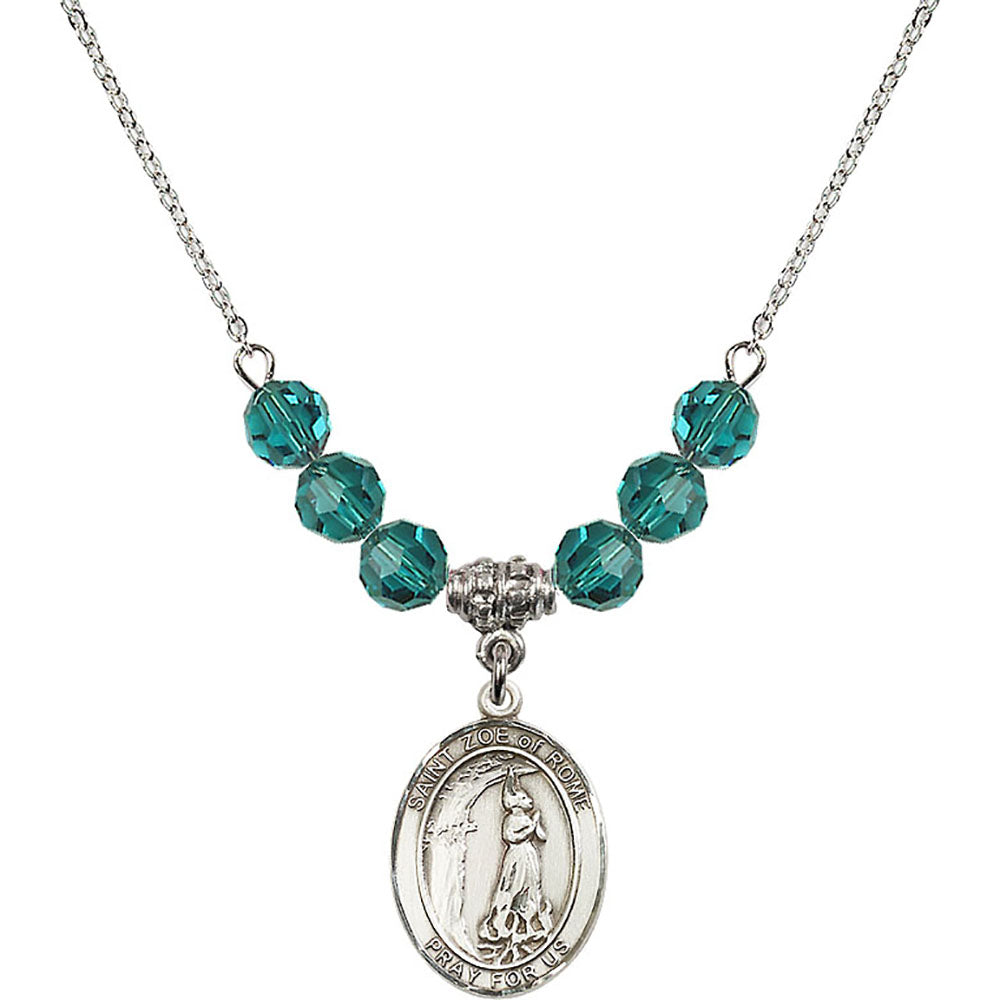 Sterling Silver Saint Zoe of Rome Birthstone Necklace with Zircon Beads - 8314