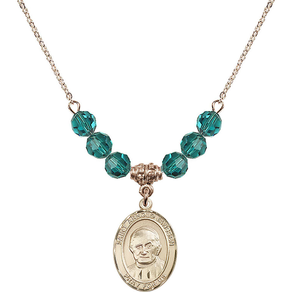 14kt Gold Filled Saint Arnold Janssen Birthstone Necklace with Zircon Beads - 8328