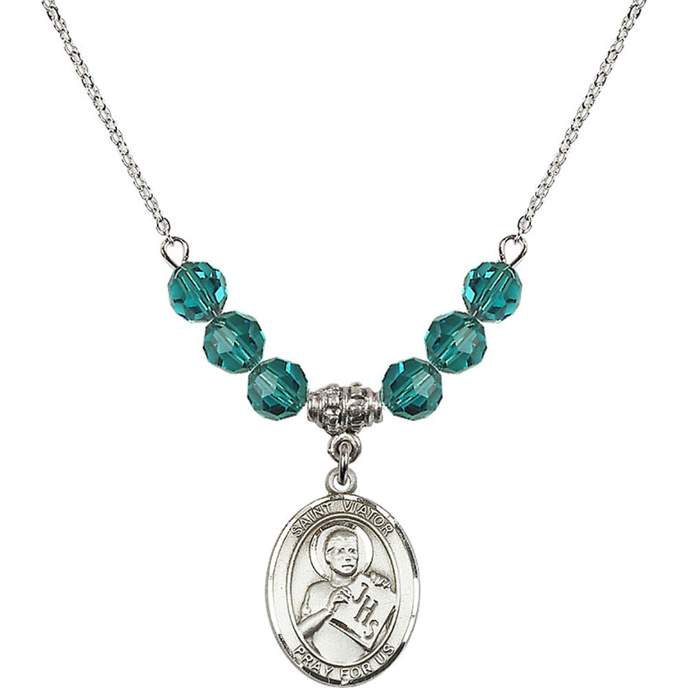 Sterling Silver Saint Viator of Bergamo Birthstone Necklace with Zircon Beads - 8408