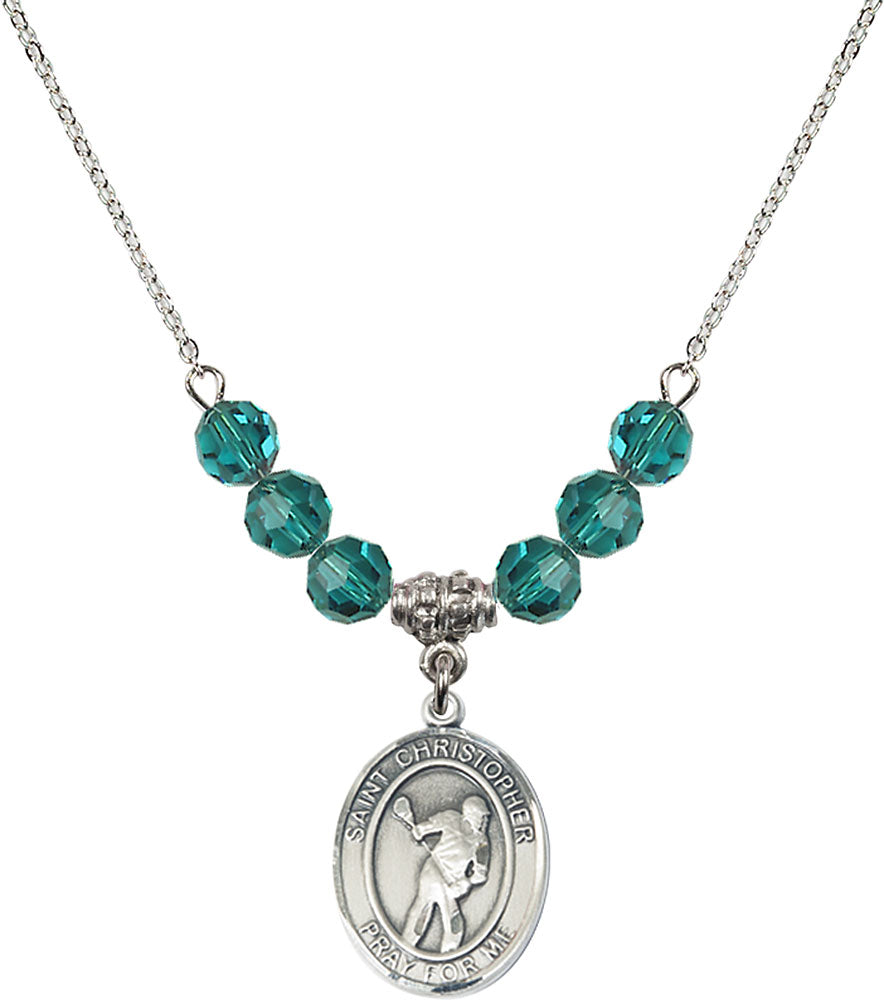 Sterling Silver Saint Christopher/Lacrosse Birthstone Necklace with Zircon Beads - 8516