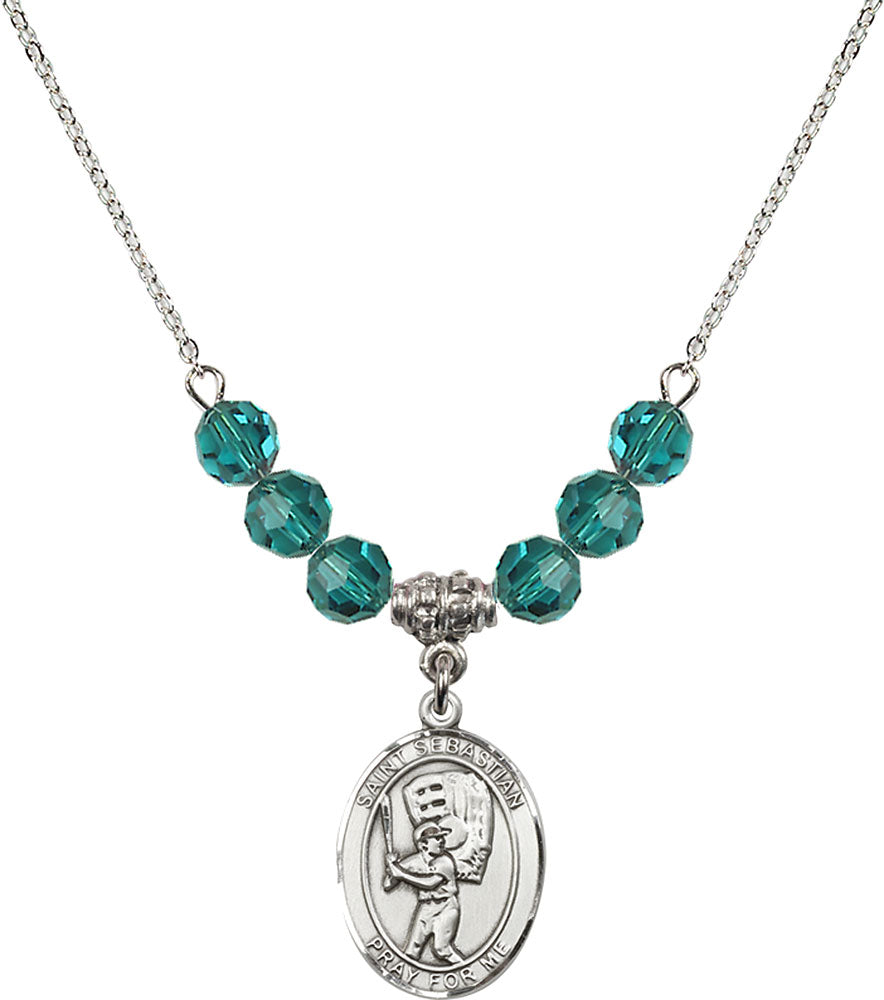 Sterling Silver Saint Sebastian / Baseball Birthstone Necklace with Zircon Beads - 8600