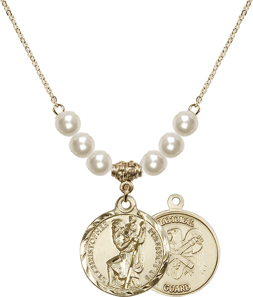 14kt Gold Filled Saint Christopher / Nat'l Guard Birthstone Necklace with Faux-Pearl Beads - 0192