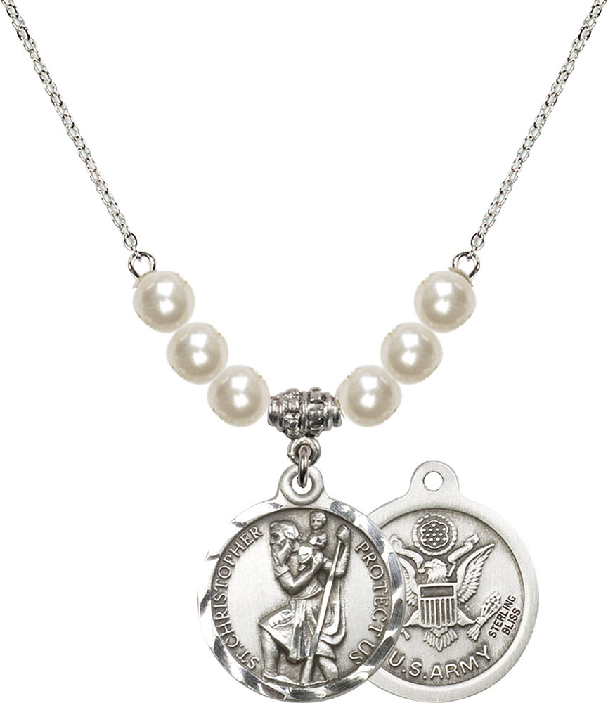Sterling Silver Saint Christopher / Army Birthstone Necklace with Faux-Pearl Beads - 0192
