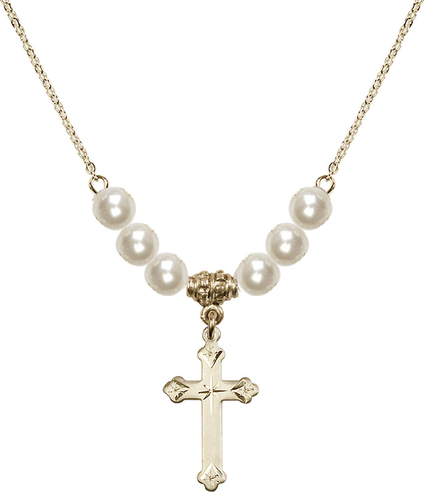 14kt Gold Filled Cross Birthstone Necklace with Faux-Pearl Beads - 0667