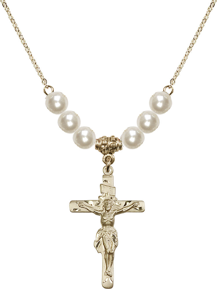 14kt Gold Filled Crucifix Birthstone Necklace with Faux-Pearl Beads - 0668